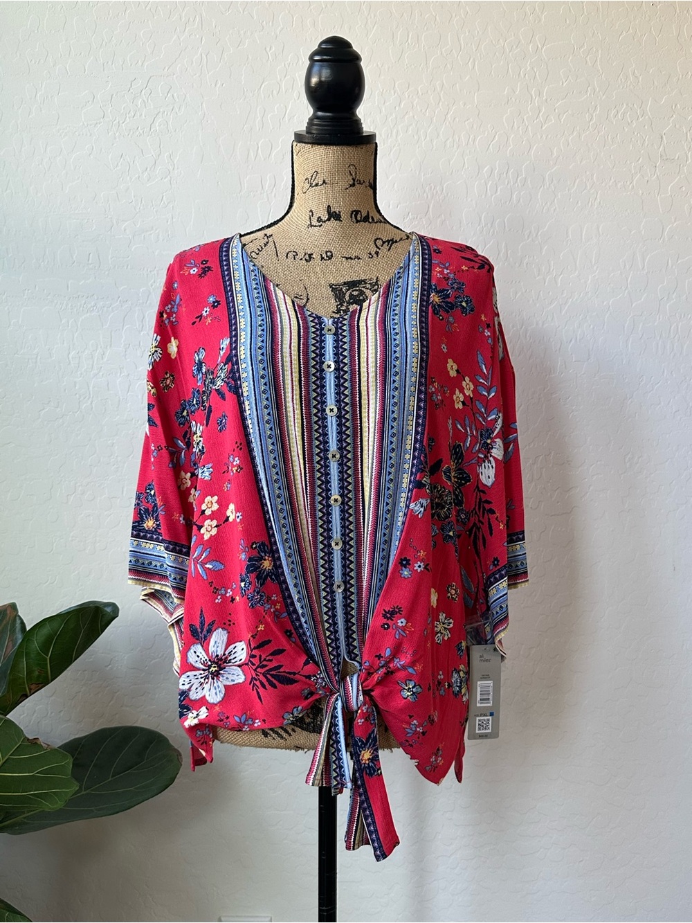 NWT Ali Miles Textured Floral Print Red Blouse Size Petite PXL